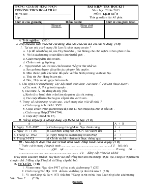 Bài kiểm tra học kì I năm học 2014- 2015 môn lịch sử 8 thời gian làm bài 45 phút